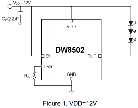 DW8502典型應(yīng)用電路 DONGWOON韓國(guó)動(dòng)運(yùn)科技DW8502典型應(yīng)用電路 2.5A PWM調(diào)光車規(guī)級(jí)LED恒流驅(qū)動(dòng)原理圖