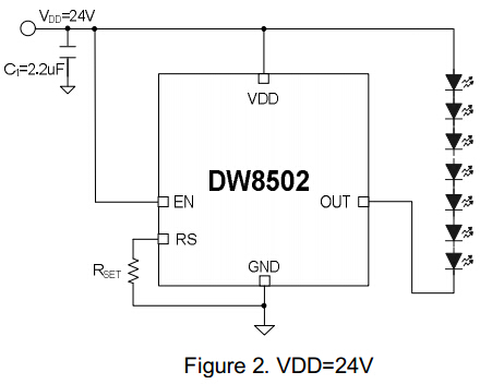 DW8502車載大燈驅(qū)動(dòng)電路 DONGWOON韓國(guó)動(dòng)運(yùn)科技DW8502車載大燈驅(qū)動(dòng)電路 AEC-Q100車規(guī)LED恒流驅(qū)動(dòng)應(yīng)用圖