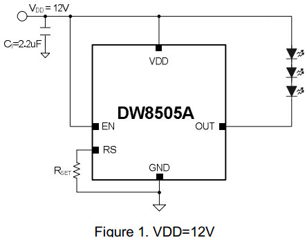 DW8505A 12V典型應(yīng)用電路圖 低壓差線性恒流驅(qū)動 DW8505A 12V典型應(yīng)用電路圖 低壓差線性恒流驅(qū)動
