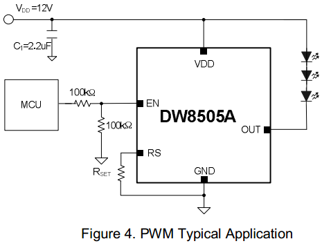 DW8505A PWM調(diào)光典型應(yīng)用電路圖 MCU控制調(diào)光 DW8505A PWM調(diào)光典型應(yīng)用電路圖 MCU控制調(diào)光