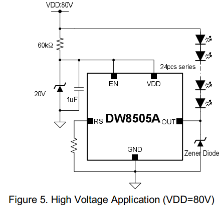 DW8505A高壓應(yīng)用電路圖 80V輸入降壓方案 DW8505A高壓應(yīng)用電路圖 80V輸入降壓方案