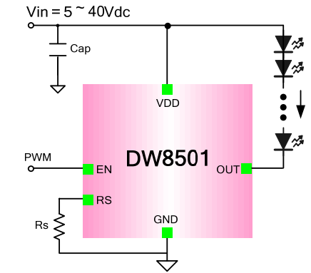DW8501應用原理圖 DW8501 PWM調光汽車燈驅動電路