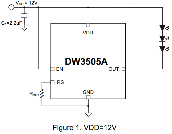 DW3505A 12V典型應用電路圖 低壓差線性恒流驅(qū)動 DW3505A 12V典型應用電路圖 低壓差線性恒流驅(qū)動