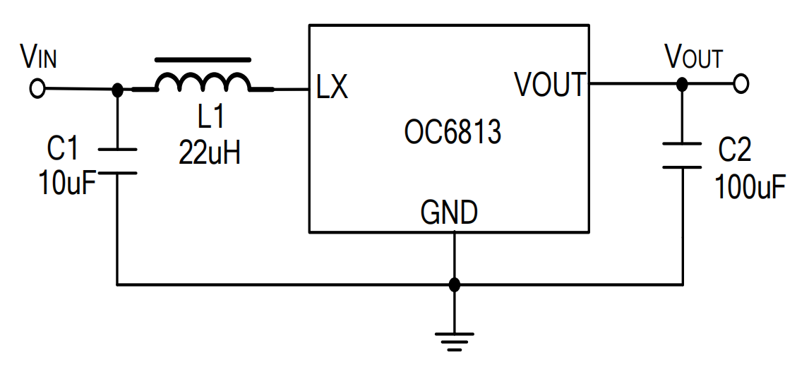 OC6813 典型電路 OC6813 典型應用電路圖 (1~2節(jié)干電池升壓)