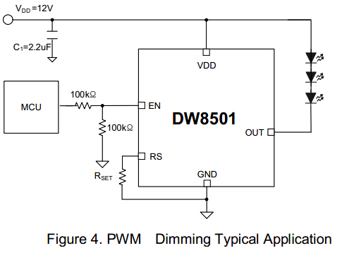 DW8501 Automotive Lamp Driver Circuit DW8501 Automotive Light Driver Circuit:12V/24V input, multiple LEDs in series, PWM dimming for stepless brightness adjustment